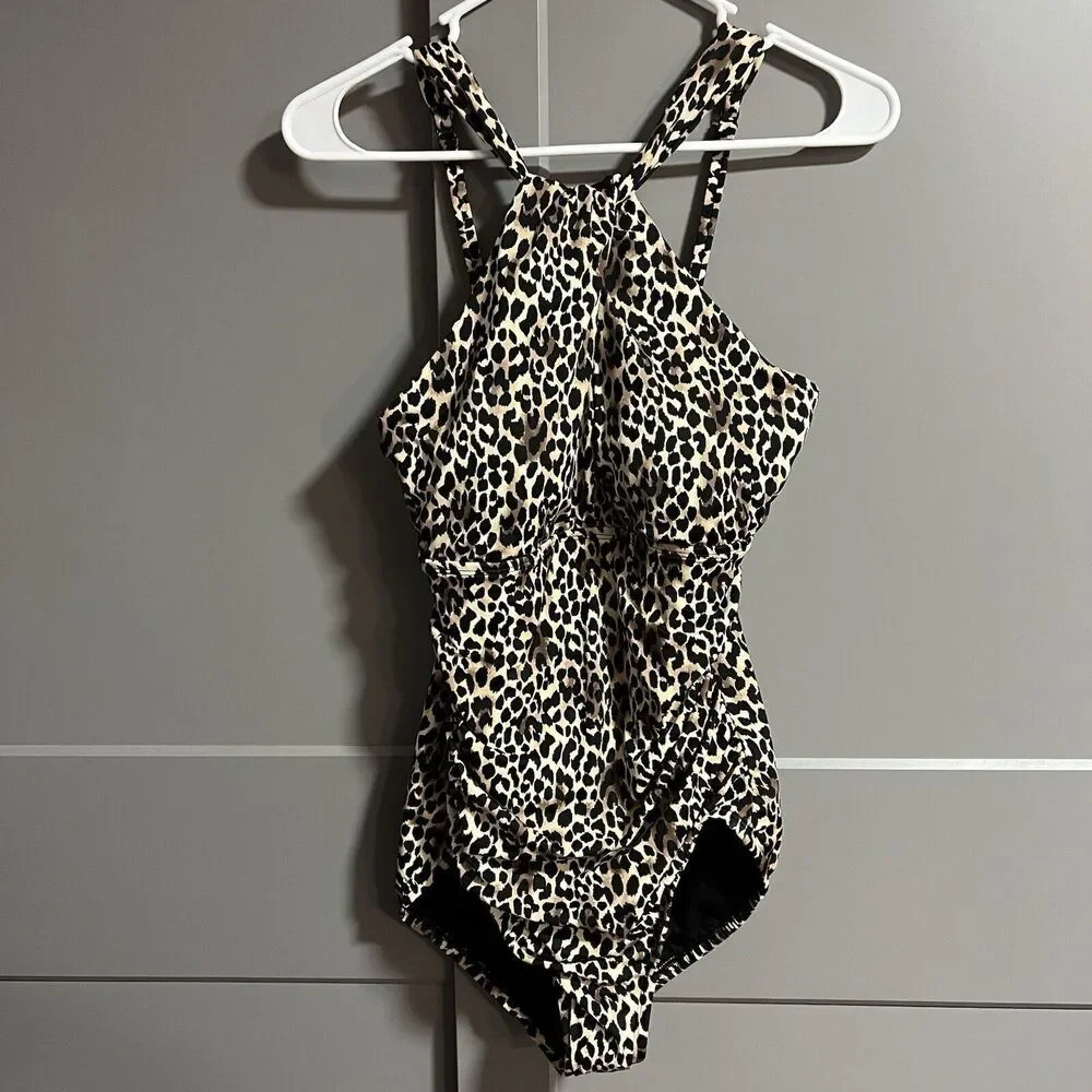 Embrace Your Curves Womens Halter Twist Cheetah Print One Piece Swimsuit Medium